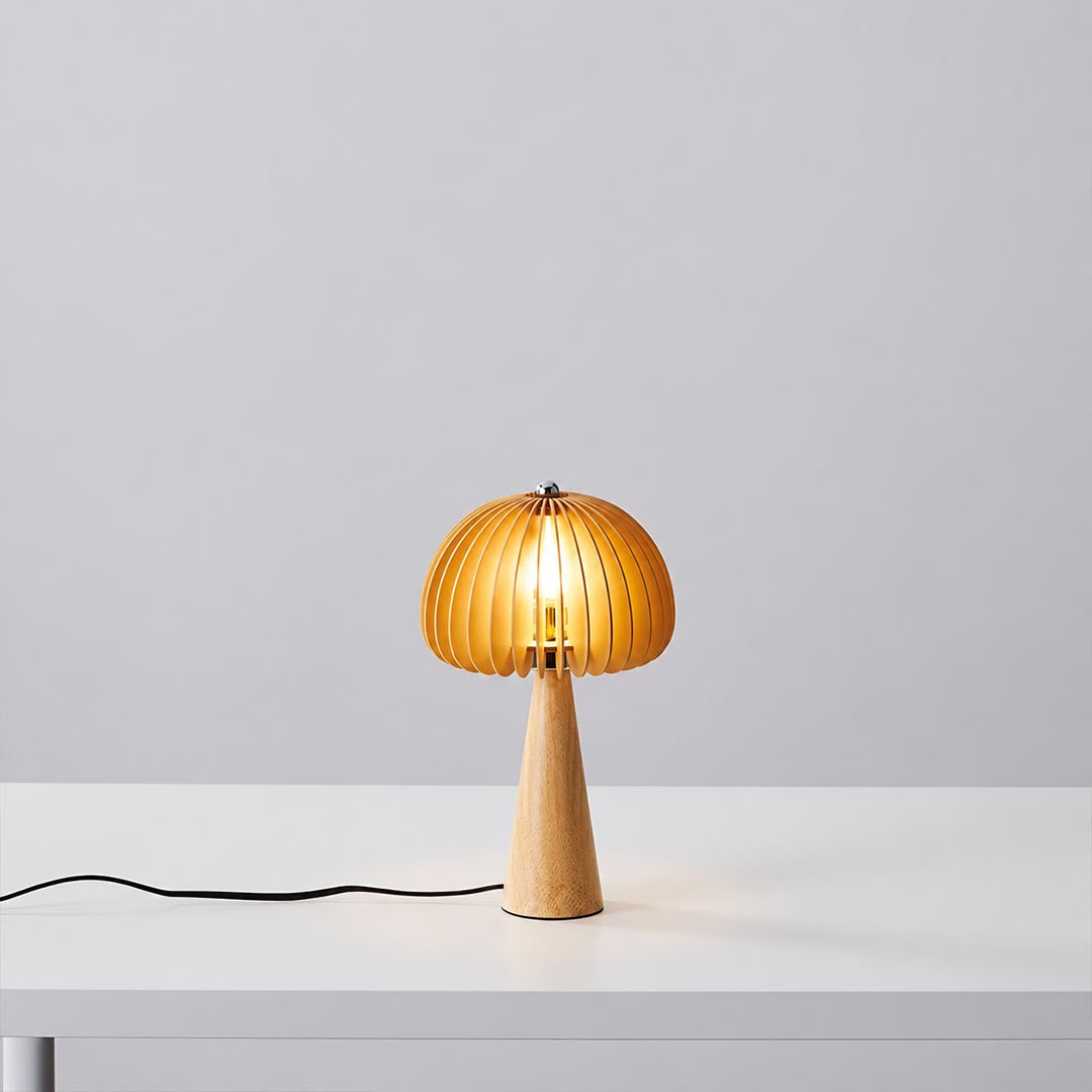 Zucca wood slat table lamp curved natural basswood slat pumpkin round shade eco friendly craftsmanship detail close up warm wood grain
