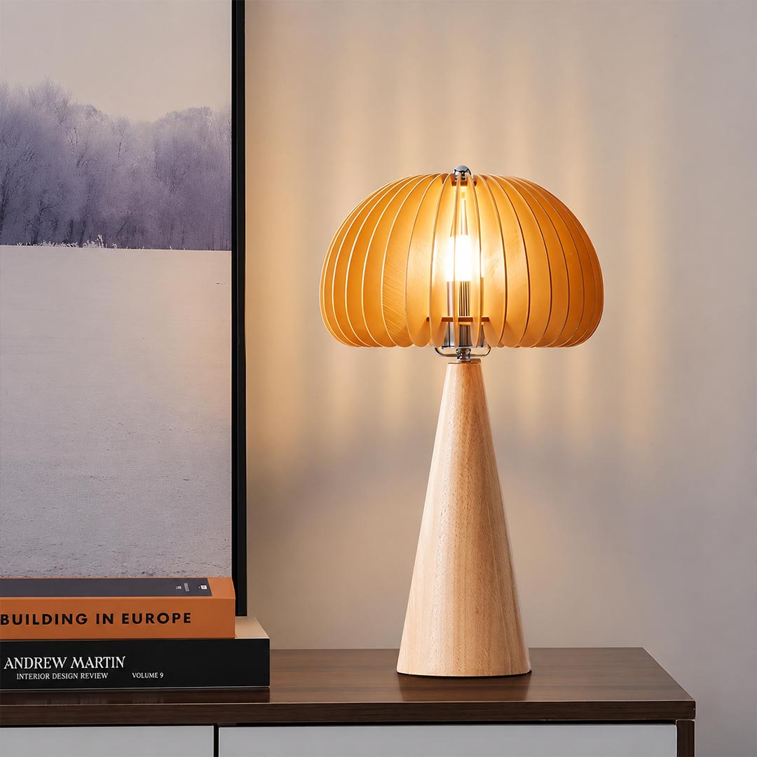 Zucca wood slat table lamp pair matching living room end tables natural wood slat shade warm symmetrical glow rustic American home lifestyle interior