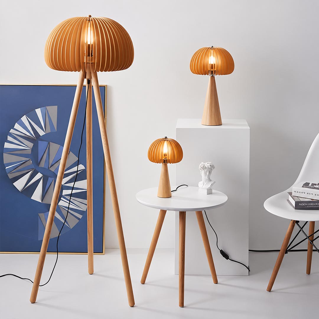 Zucca wood slat table lamp small large two sizes styled together wood surface natural pumpkin slat shades warm cozy American home lifestyle interior