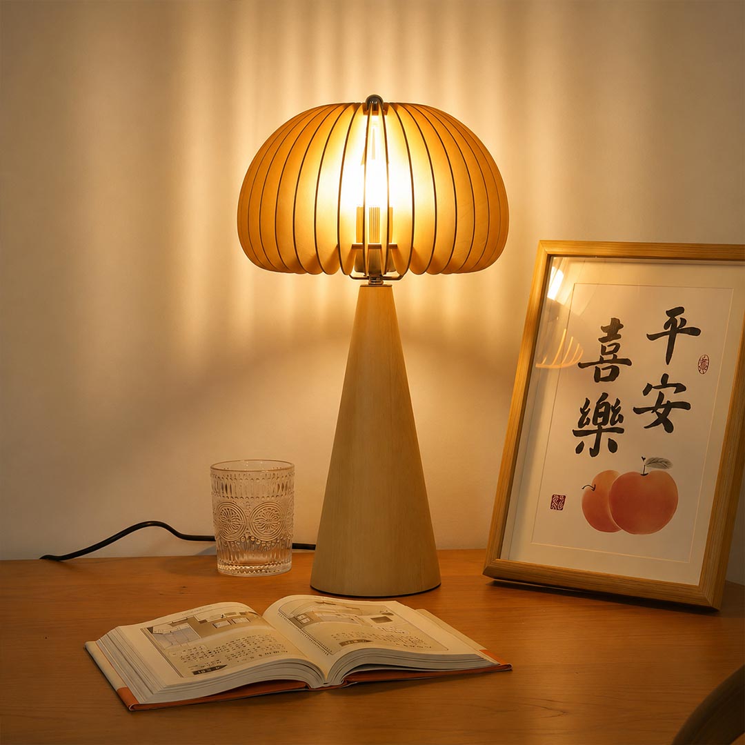 Zucca wood slat table lamp desk home office corner natural wood pumpkin slat shade warm accent rustic modern American home lifestyle interior