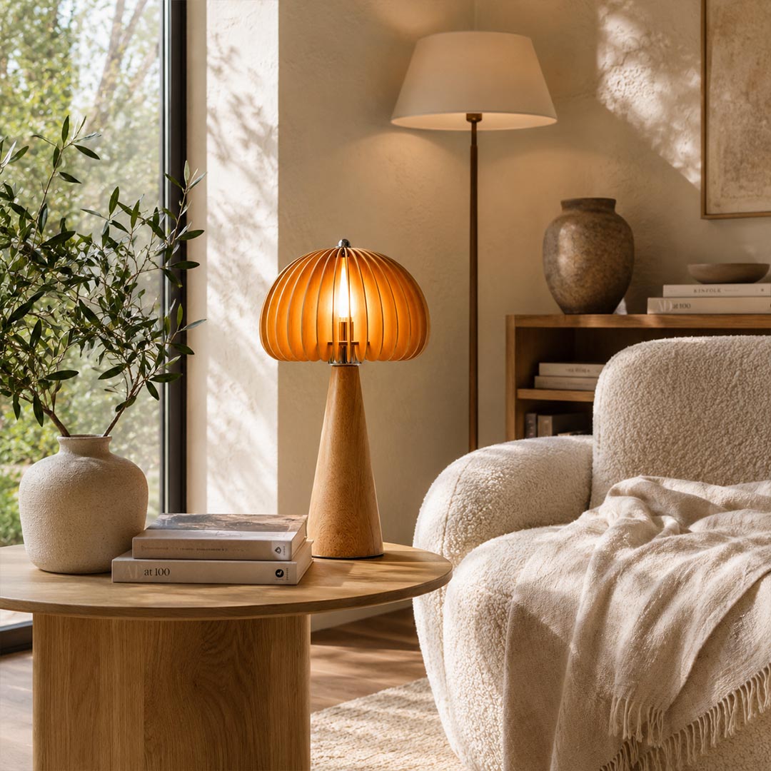 Zucca wood slat table lamp reading nook side table beside armchair natural wood slat shade warm cozy Japandi American home lifestyle interior