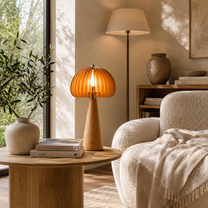 Zucca wood slat table lamp reading nook side table beside armchair natural wood slat shade warm cozy Japandi American home lifestyle interior