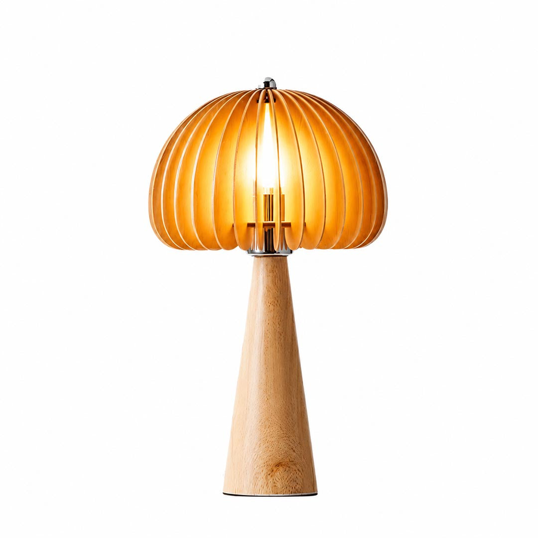 Zucca wood slat table lamp illuminated warm glow through natural wood slats pumpkin shade cozy bedside white background front view