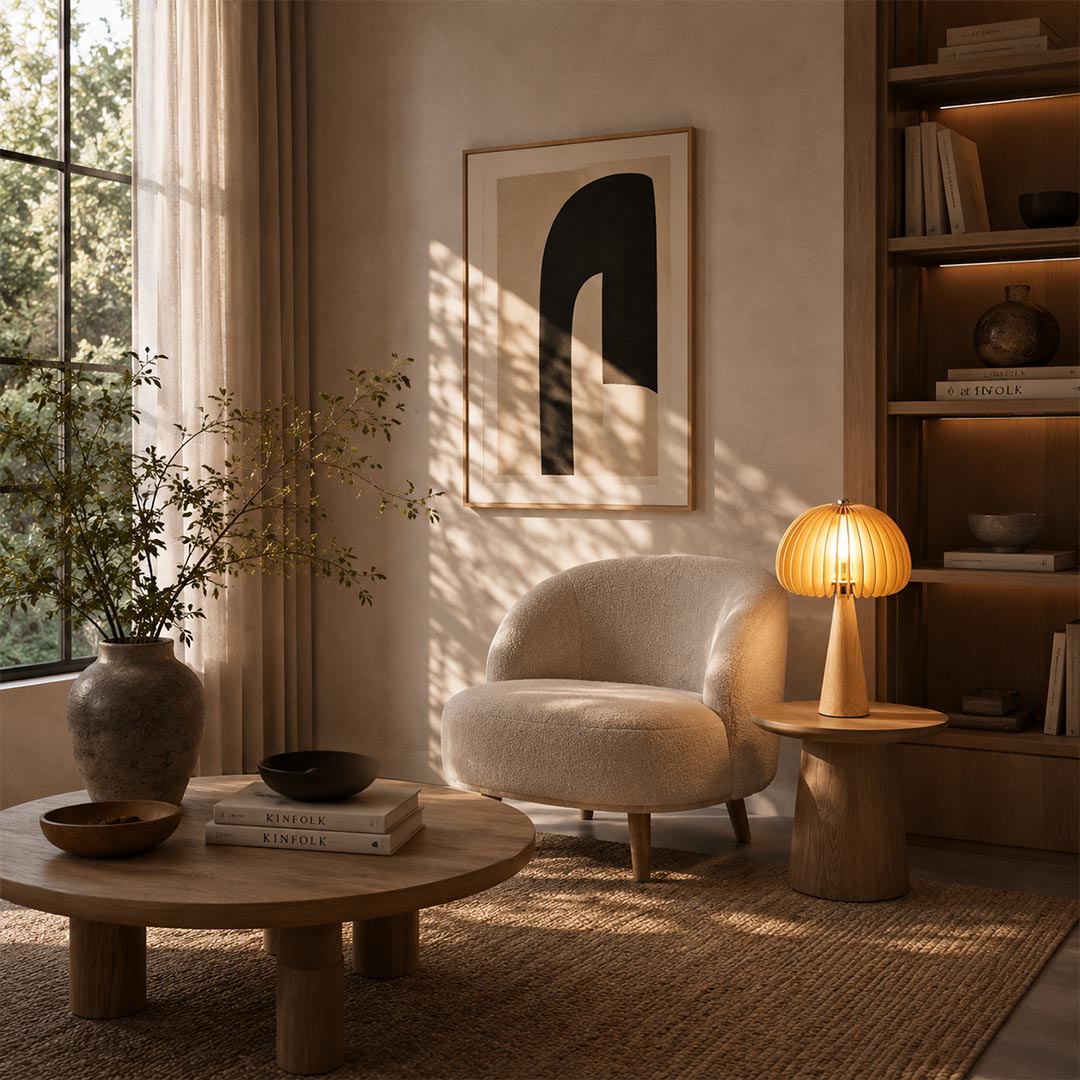 Zucca wood slat table lamp reading nook side table beside armchair natural wood slat shade warm cozy Japandi American home lifestyle interior