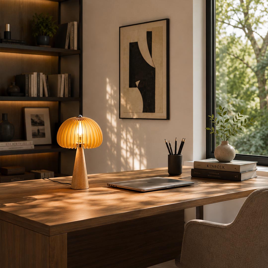 Zucca wood slat table lamp desk home office corner natural wood pumpkin slat shade warm accent rustic modern American home lifestyle interior