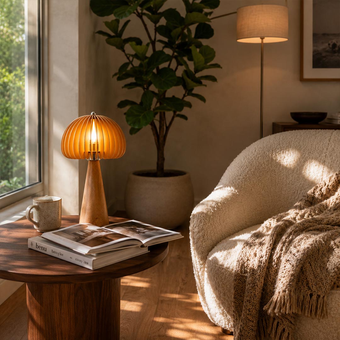 Zucca wood slat table lamp reading nook side table beside armchair natural wood slat shade warm cozy Japandi American home lifestyle interior