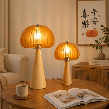 Zucca wood slat table lamp reading nook side table beside armchair natural wood slat shade warm cozy Japandi American home lifestyle interior